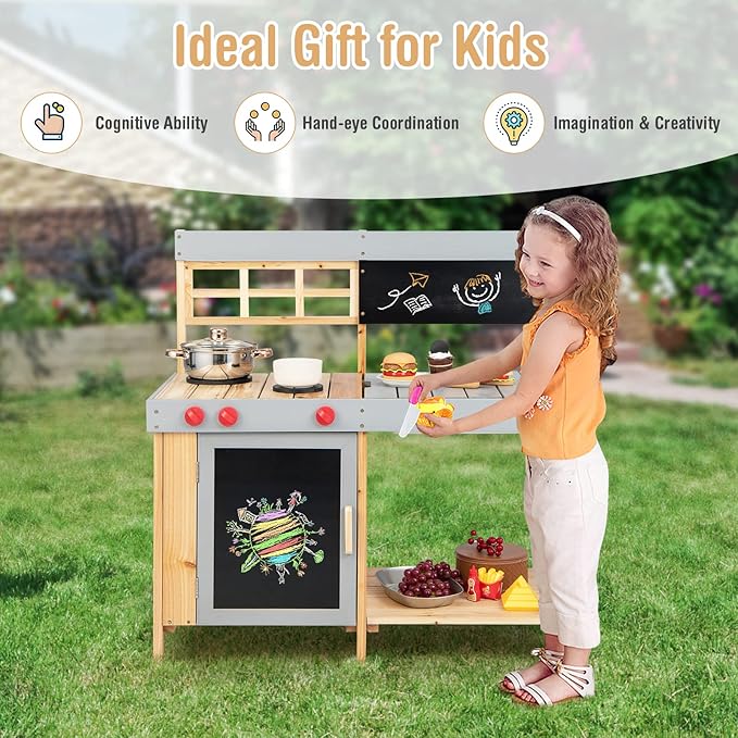 Costzon Mud Kitchen for Kids Outdoor, Wooden Pretend Play Kitchen with Removable Sink, Stoves, Storage Shelf, Toddler Backyard Toy Kitchen Set, Kids Kitchen Set for Boys Girls Age 3+