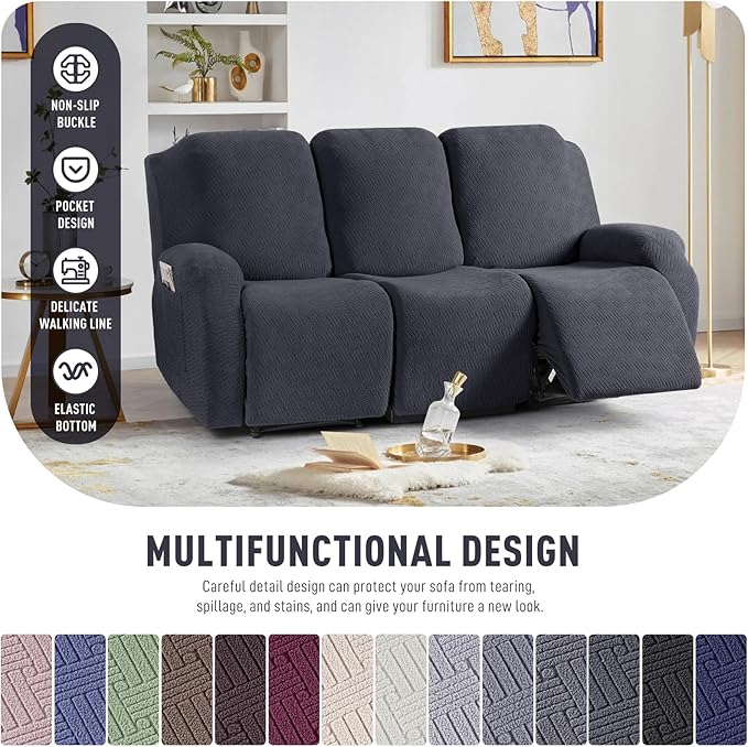 KinCam Recliner Covers, Stretch Reclining Chair Covers, Recliner Sofa Slipcovers Stripe Jacquard Recliner Couch Covers Furniture Protector Covers for Pet Kid (3 Seater, Charcoal Gray)