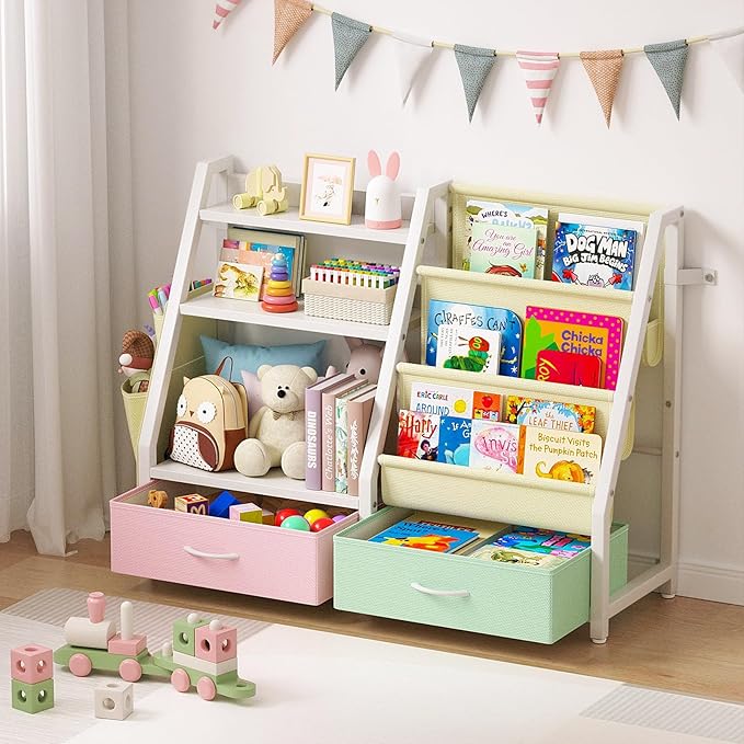 Twinkoo Kids Bookshelf and Toy Storage, Sturdy 3 Tier Kids Bookcase, Sling Bookshelf and 2 Toy Boxes, Toddler Montessori Bookshelf with Toy Organizer, for Kids Room, Game Room, Nursery