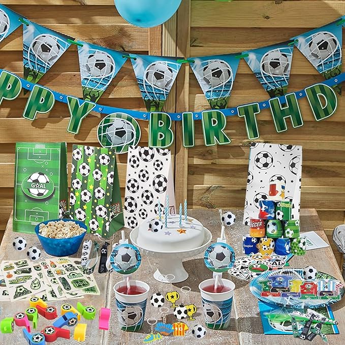 XIPEGPA 146 PCS Soccer Party Favors Soccer Birthday Party Supplies with Soccer Themed Bags Erasers Whistle Stickers Slap Bracelets Keychains for Football Sport Party Favors Goodie Bags Decorations