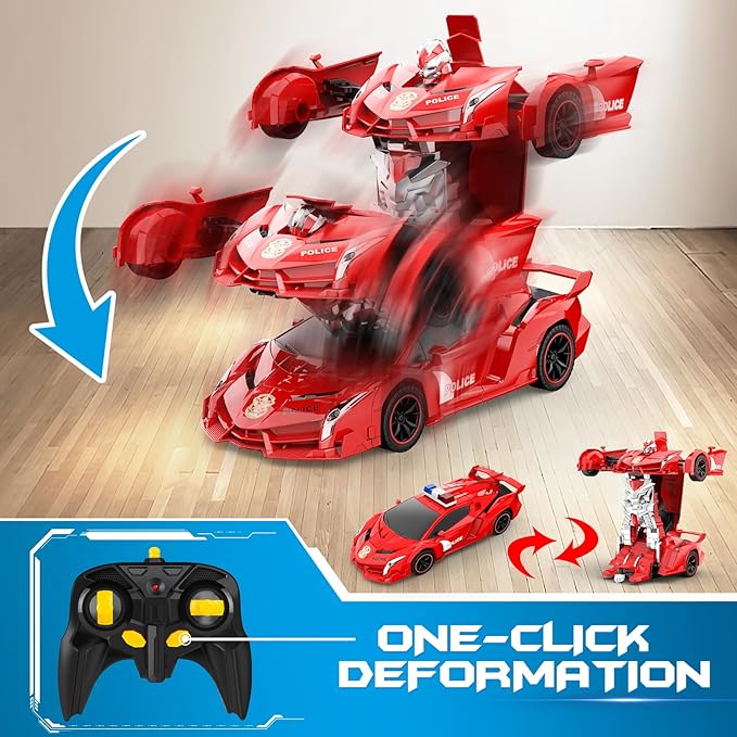 FDJ Transform Remote Control Car Robot, One Button Deformation to Robot with Flashing Light, 2.4Ghz 1:18 Scale Transforming Police Car Kids Toys with 360 Degree Rotating Drifting, Toys for Boys Girls