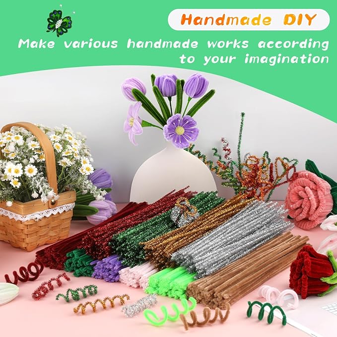 100Pcs Pipe Cleaners, Pipe Cleaners Craft, Creative DIY Hand Arts PipeCleaners Supplies for DIY Bouquet Flowers Home Decorations Making/Fruit Green