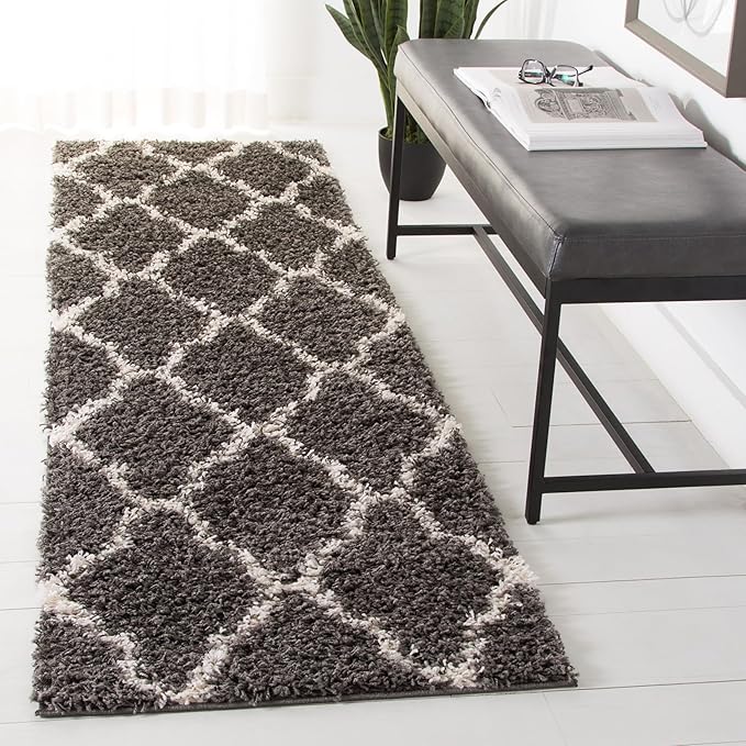 SAFAVIEH Dallas Shag Collection Runner Rug - 2'3" x 12', Dark Grey & Ivory, Trellis Design, Non-Shedding & Easy Care, 1.5-inch Thick Ideal for High Traffic Areas in Living Room, Bedroom (SGDS257A)
