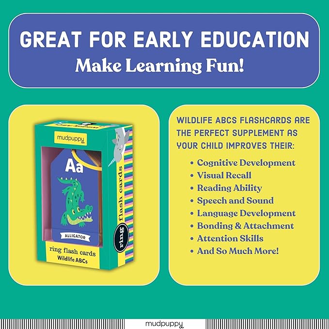 Mudpuppy Wildlife ABCs Ring Flash Cards for Kids - 26 Double-Sided Alphabet Flash Cards on a Reclosable Ring, Colorful Animal Illustrations - Learning Games for Toddlers and Preschoolers