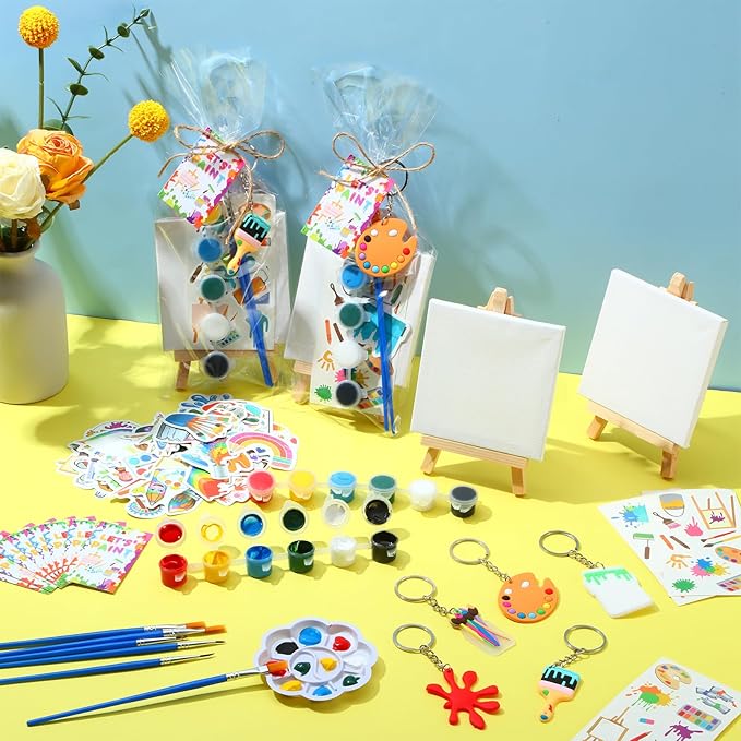 HyDren Paint Party Favors Include Mini Watercolor Paint Set Small Painting Canvas with Easel Palette Brush Paint Stickers Tattoo Sticker Keychain for Class Birthday Art Party(206 Pcs, Classic Style)