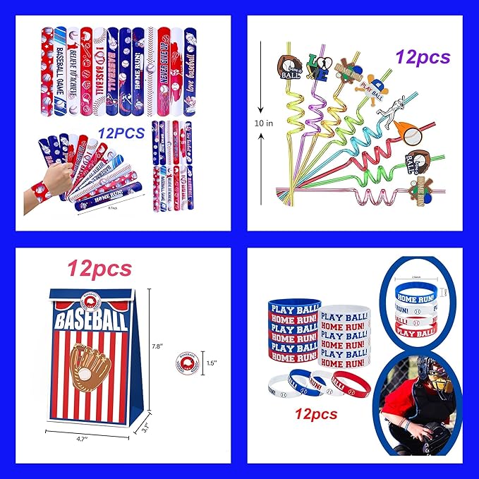 XIPEGPA 72 PCS Baseball Party Favors Set Baseball present Bags Slap Bracelets Straws Silicone Bracelets Tattoo Stickers Mini Baseballs for Goodie Bag Fillers Baseball Themed Birthday Party Supplies