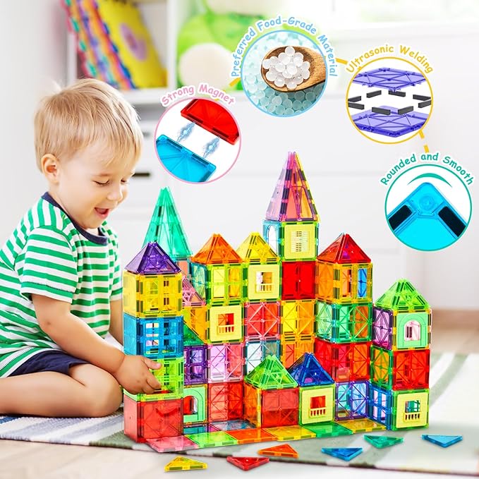 Magnetic Building Tiles for Kids, 100 PCS Magnetic Blocks with Storage Bag, Magnet Tiles STEM Educational Stacking Toys Gift for Toddler Ages 3 4 5 6 7 8 9