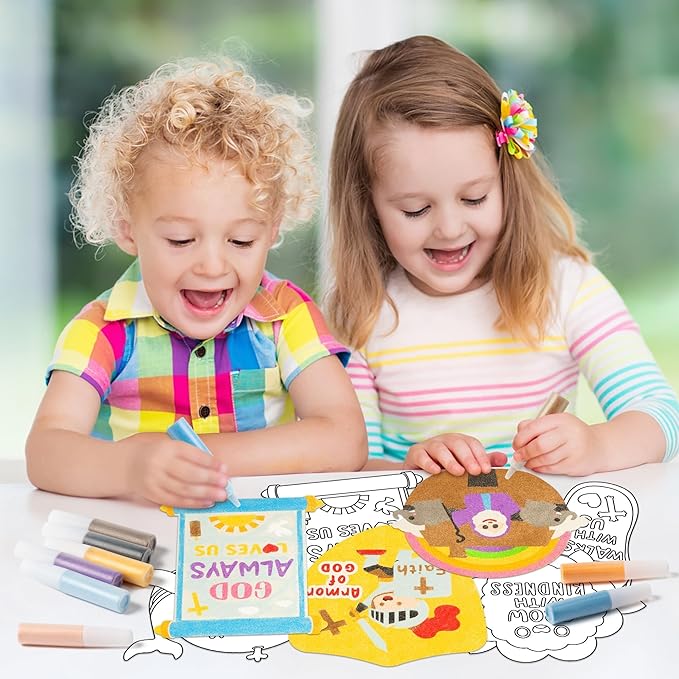 EZdhuawuse Religious Sand Art Craft Kit - 50P Easter Christian Sand Painting Cards for Kids DIY Sunday School Craft, Color Your Own God Jesus Cross DIY Crafts for Sunday Church Classroom Party