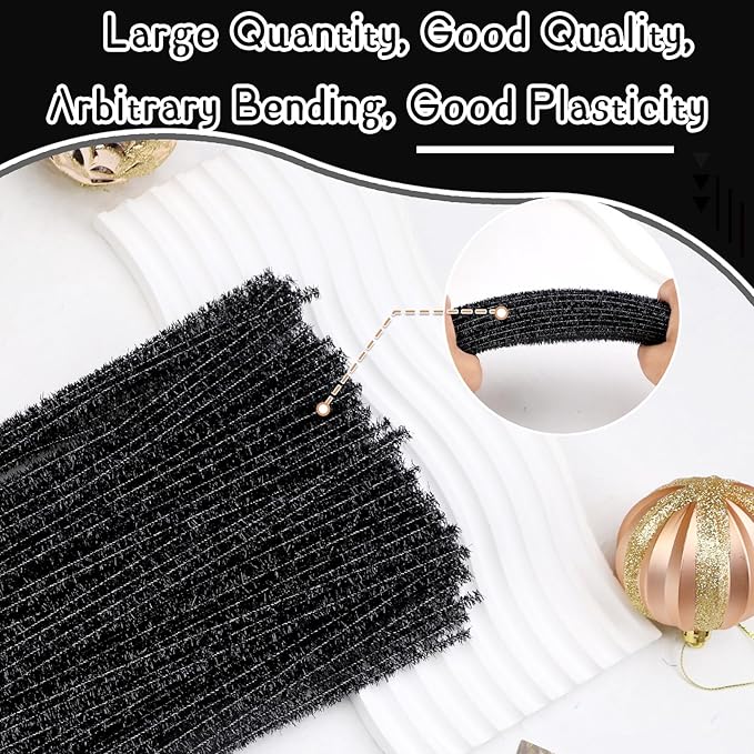 Hssugi Pipe Cleaners Black, 100PCS Christmas Pipe Cleaners Craft Supplies, Glitter Black Pipe Cleaners for Hair Fuzzy Sticks for DIY Art and Craft Projects Home Decoration