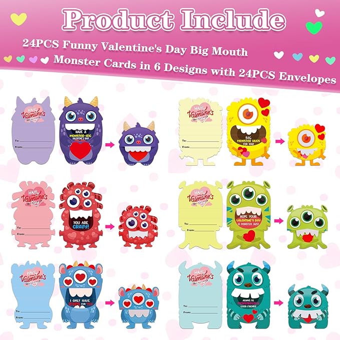 FaCraft Valentines Cards for Kids 24PCS Valentine's Day Gifts Card with Envelope Funny 3D Foldable Monster Valentine Exchange Cards for Kids Boys Girls Classroom School Valentine Party Favors