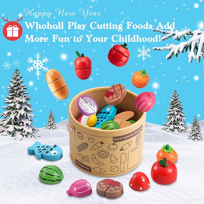 WHOHOLL Wooden Play Food for Kids Kitchen Playset, Play Kitchen Accessories Pretend Cutting Food Montessori Toys for 2+ Year Old with Basket, Toy Food for Fine Motor Skills