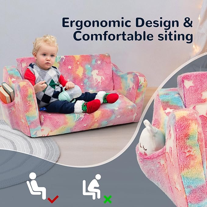 Elevon 2 in 1 Wider Toddler Couch, Flip Open Soft Sofa Bed, Glow in The Dark Flannel Baby Couch, 2-Seat Kids Chair Convertible Couch Easy Fold & Unfold, Baby Recliner Sofa for Girls and Boys
