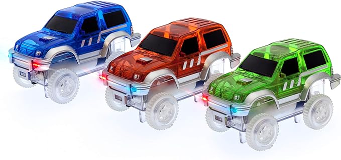PicassoTiles 3 pcs Magnetic Toy Car Set Light Up LED Highly Detailed Compatible with Magnet Race Track STEM Truck Replacement Accessories Educational Building Kits for Toddlers Boys & Girls Ages 3+