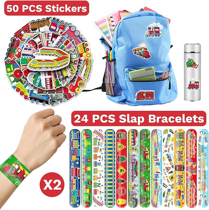 74 PCS Train Party Favors, 24 PCS Train Slap Bracelets 50 PCS Train Stickers Train Birthday Party Decorations Supplies Gifts for Kids Classroom Rewards