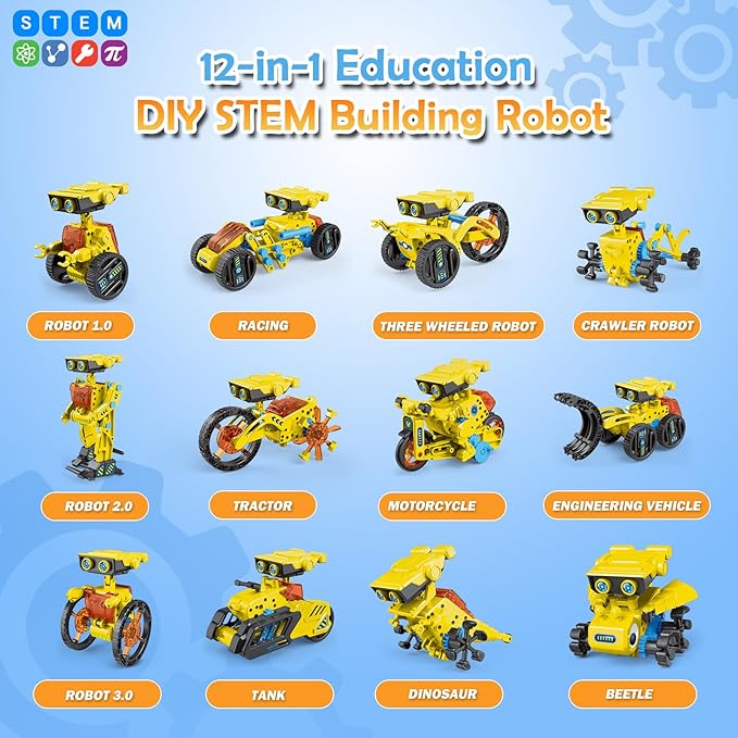 STEM Toys for Kids Age 8-13, 12-in-1 Robot Building Toys Science Kits with Rechargeable Battery, Christmas Birthday Gifts for 8 9 10 11 12 14 Year Old Boys Girls