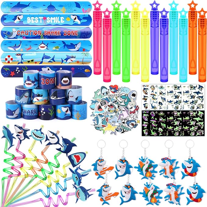 110Pcs Shark Party Favors Birthday Supplies, Straws Bubble Wands Slap Bracelet Keychain Tattoo Sticker Toy Gift Baby Kids Boys Shark Valentines Goodie Bag Stuffer Ocean Under the Sea Party Favors