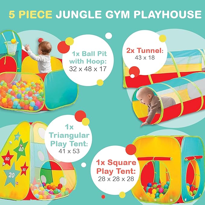 Kids Play Tent for Toddlers, 5pc Toddler Jungle Gym Playset with Ball Pit, Crawl Tunnel and Obstacle Course, Indoor Outdoor Playhouse Toy for Boys and Girls