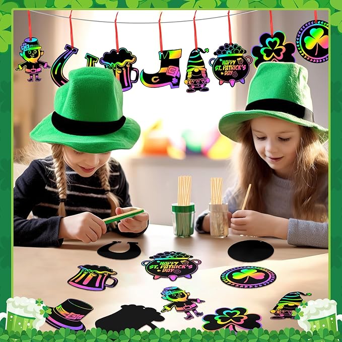 FEBSNOW 48 PCS St. Patrick’s Day Crafts for Kids, Rainbow Magic Scratch Art Shamrock Hanging Ornaments Scratch Paper Cards for St Patricks Day Party Favors Kids School Classroom DIY Crafts Decorations