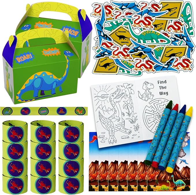 Tigerdoe Dinosaur Party Favor Set – Dragon Birthday Party Decorations - Dino Party Supplies – Dragon Party Favor Boxes - Coloring Books, Crayons, Slap Bracelets, tattoos