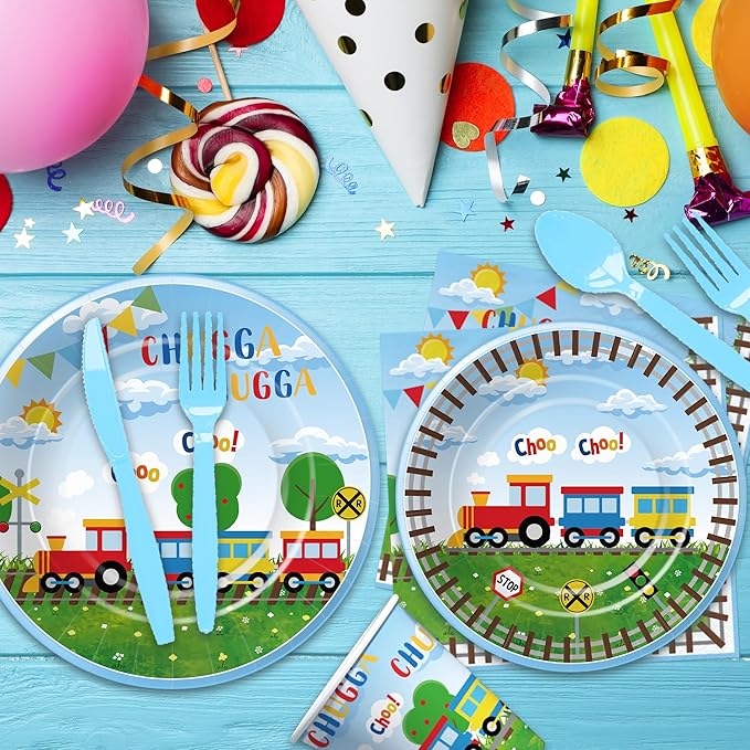 Train Birthday Plates And Napkins Party Supplies Dinnerware, Train Birthday Decorations, Plate, Cup, Napkin, Fork, Train Theme Chugga Choo Party Supplies For 1st 2nd 3rd Birthday | 24 Guests