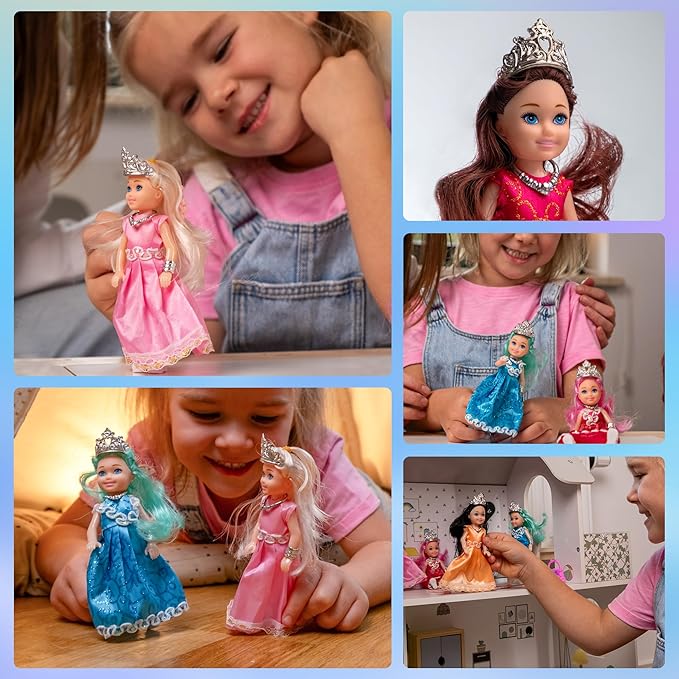 TOMLEON Princess Dolls Playset โ 6 Mini Princess Dolls with Colorful Gowns, Crowns & Jewelry โ Fantasy Role Play Set for Kids with Elegant Dresses, Accessories & Royal-Themed Box โ Gift for Ages 3+