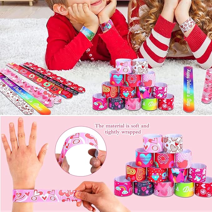 Valentines Day Gifts for Kids Classroom, Valentines Party Favors Stationery Set Includes 12 Pencils, 12 Heart Erasers,12 Slap Bracelets for Kid School Student Gift Exchange
