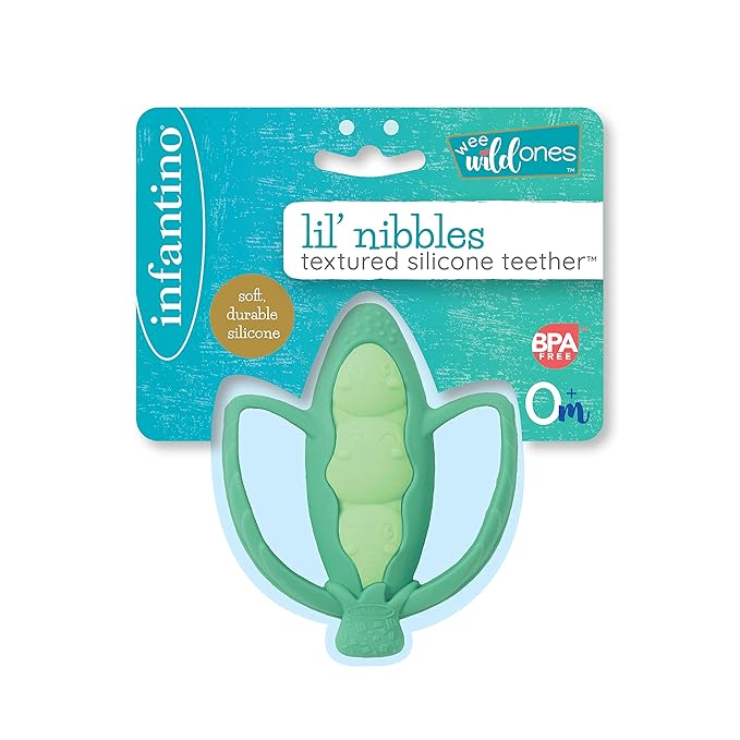 Infantino Lil' Nibbles Textured Silicone Teether -Sensory Exploration and Teething Relief with Easy to Hold Handles, Green Pea Pod
