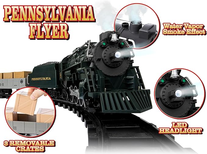 Lionel Battery-Operated Pennsylvania Flyer Freight Toy Train Set with Bluetooth, Locomotive, Train Cars, & Track with Authentic Train Sounds, Lights, & Water Vapor Smoke Effects for Kids 4+