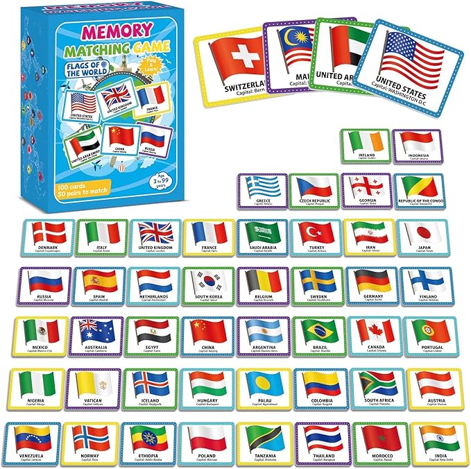 gisgfim 50 Pairs Memory Matching Game Flags of The World Concentration Memory Matching Games for Kids and Adults Learning Educational A Fun & Fast Countries of The World Memory Matching Games
