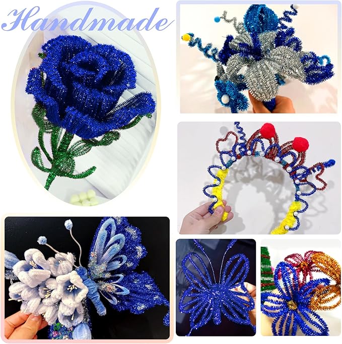 TOAOB 100pcs Christmas Glitter Pipe Cleaners Blue Metallic Pipe Cleaners Craft Supplies 6mm x 12 Inch Chenille Stems Pipe Cleaners for Art DIY Crafts Decorations