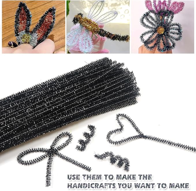 TOAOB 100pcs Christmas Glitter Pipe Cleaners Black Metallic Pipe Cleaners Craft Supplies 6mm x 12 Inch Chenille Stems Pipe Cleaners for Art DIY Crafts Decorations