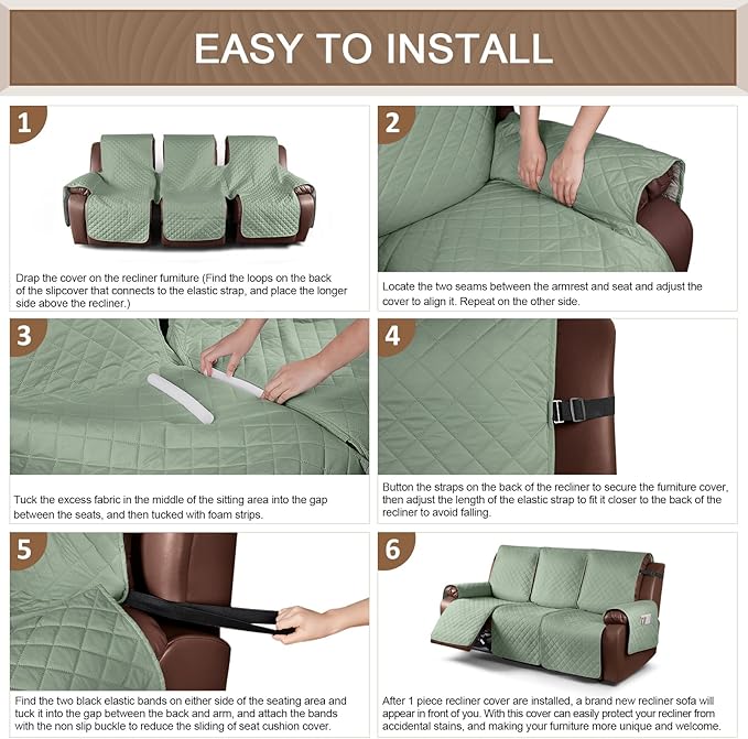 KinCam Waterproof Recliner Sofa Cover, Non-Slip Reclining Couch Covers for 3 Seat, Recliner Couch Cover Furniture Protector with Elastic Straps for Pets, Kids, Sage Green