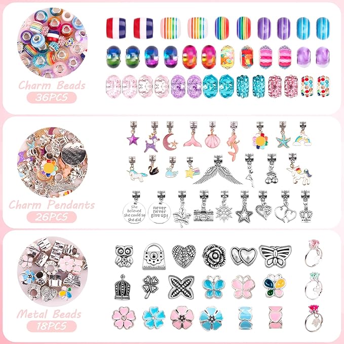 UFU Charm Bracelet Making Kit - Girls 95 Pcs DIY Beaded Jewelry Making Kit, Unicorn & Mermaid Gifts for Girls Crafts for Girls Ages 5 6 7 8-12, with a Portable Bracelet Organizer Box