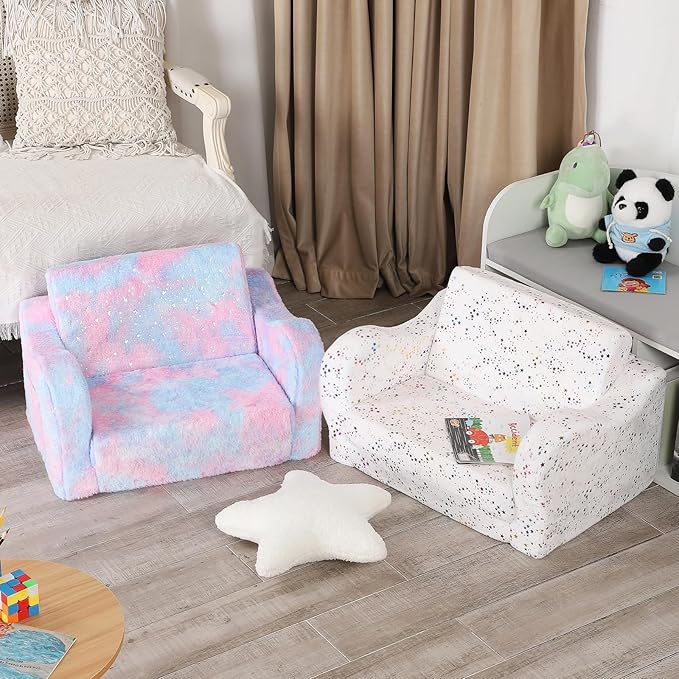 Shiny Star Toddler Couch, 2-in-1 Toddler Soft Couch Fold Out with Star Pillow, Convertible Sofa to Lounger for Girls and Boys, 1-Seat