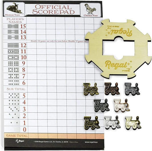 Regal Games Mexican Train Domino Expansion Set - 8 Metal Marker Trains with Unique Finishes - Replacement Wooden Hub - Scoresheet