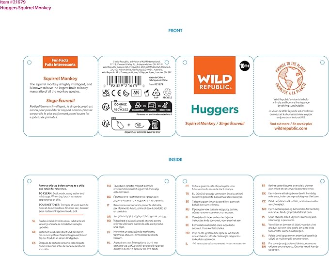 Wild Republic Huggers Squirrel Monkey Plush, Slap Bracelet, Stuffed Animal, Kids Toys, 8 inches