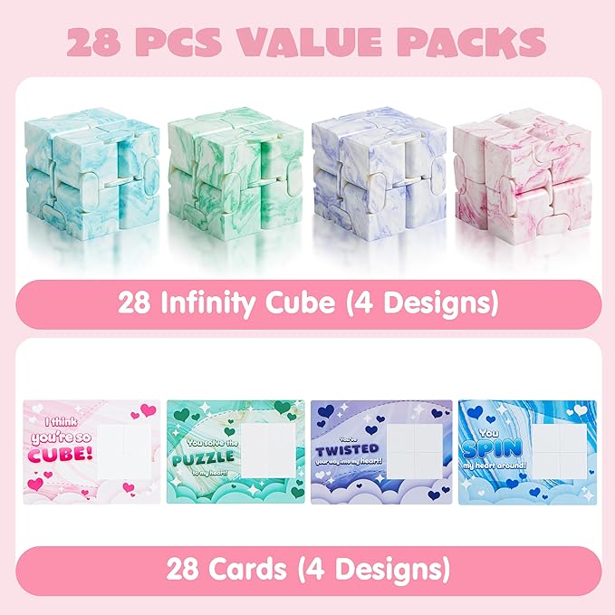 JOYIN 28 PCS Valentine's Day Gift Cards with Infinity Magic Toys, Relaxing Hand-Held Fidget Toys for Kids, Valentine's Day Gifts, Valentine Party Favors Toys Classroom Exchange and Goodie Bag Stuffers
