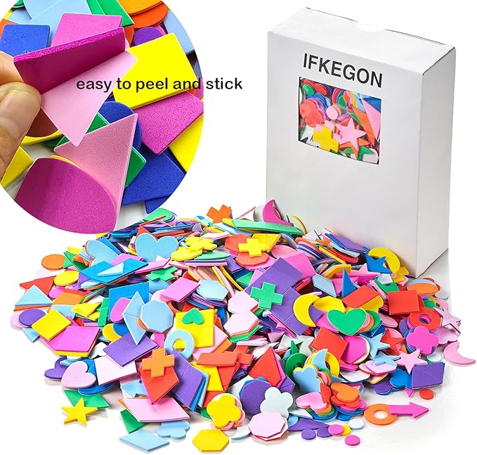Assorted Foam Shapes Stickers,1050 Pieces Bulk Self Adhesive Collage Materials for Preschoolers&Classroom Craft Supplies