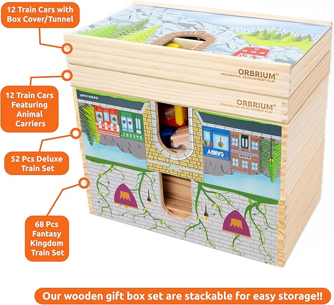 Orbrium Toys 52 Pcs Deluxe Wooden Train Set with 3 Destinations Fits Thomas, Brio, Chuggington, Melissa and Doug, Imaginarium Wooden Train