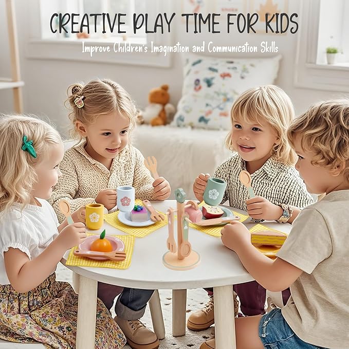 Toyssa Wooden Play Kitchen Accessories Montessori Toys for Toddlers 3-5, Play Dishes for Kids Kitchen with Realistic Dishes & Plates & Tableware, Christmas Birthday Gifts for 3 4 5 6 Years Girls Boys