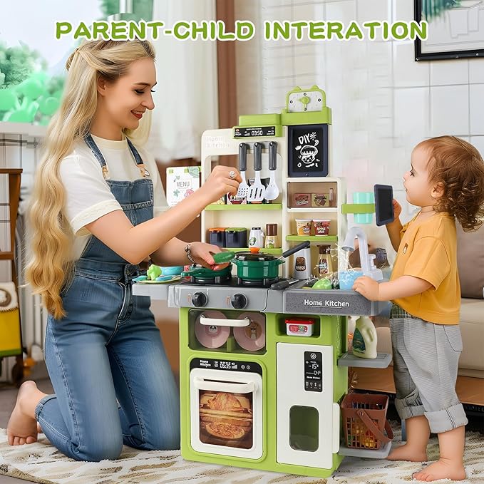 Kids Kitchen Playset, IRIMMY Kitchen Set for Toddler w/Realistic Cooking Light, Sounds, Steam, Sink, and Toy Kitchen Accessories, Pretend Kitchen Toys for Kids Girls Boys, Green