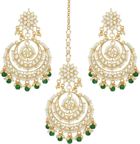 Aheli Bollywood Ethnic Chandbali Style Big Earrings Maang Tikka Set Traditional Fashion Jewelry Gift for Women