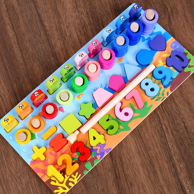 Wooden alphanumeric Shapes Jigsaw Ring Count Classification Toys Math Shapes Building Blocks Toddler Learning Playboard Math Fishing Educational Toys Montessori Educational Toys (color3)