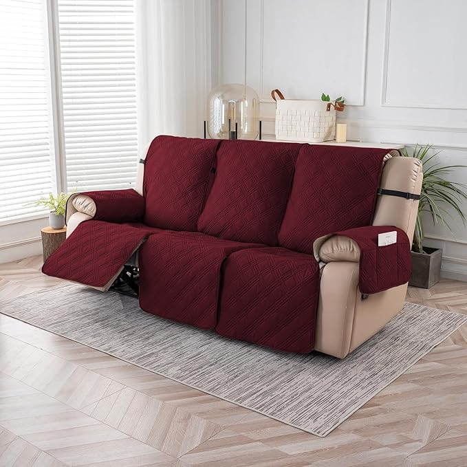 Easehomey Waterproof Recliner Sofa Cover,Non-Slip Reclining Sofa Covers for 3 Seat,Washable Reclining Sofa Cover Furniture Protector with Elastic Straps Pocket for Kids, Pets(Wine Red,3Seat)