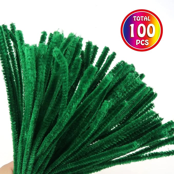 TOAOB 100pcs Pipe Cleaners Bulk Craft Supplies Green Chenille Stems 6mm x 12 Inch Fuzzy Pipe Cleaners for DIY Art Crafts Decorations