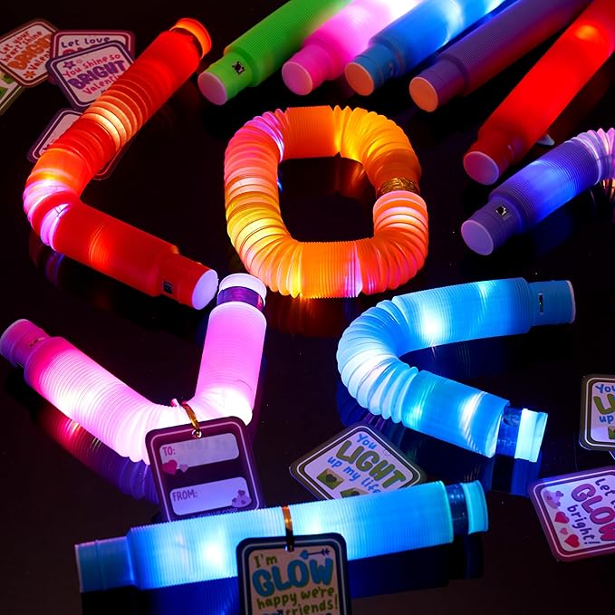 JOYIN 24 PCS Valentine's Day Gifts Cards with Glow Pull Tube Bracelet, Lights Glow in the Dark Toys for Kids Valentine's Party Favors for Classroom Exchange Toy, School Prizes Exchange Gift Rewards