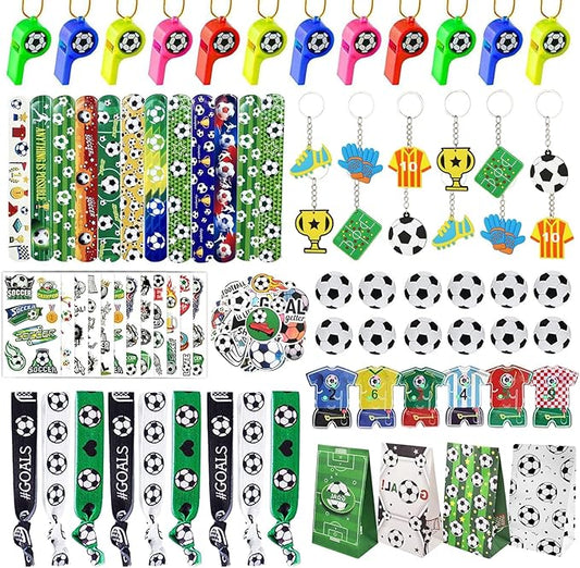 XIPEGPA 146 PCS Soccer Party Favors Soccer Birthday Party Supplies with Soccer Themed Bags Erasers Whistle Stickers Slap Bracelets Keychains for Football Sport Party Favors Goodie Bags Decorations