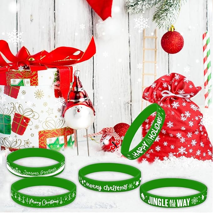 Morcheiong 42 Pieces Christmas Rubber Bracelets 7 Classic Design Silicone Wristbands for Merry Xmas Party Favors (Green)