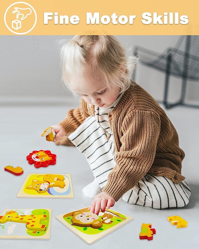 Benresive Wooden Toddler Puzzles Ages 1-3, Montessori Toys for 1 2 3 Year Old Boys Girls, 4 Pack Animal Toddler Toys Gifts for 1 2 3 Year Old Boys Girls, Learning Educational Preschool Toys