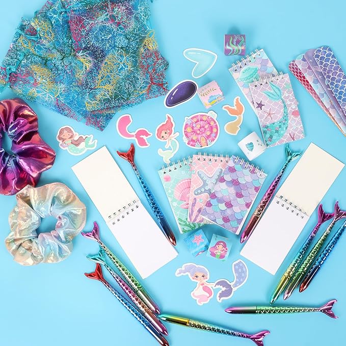 110 PCS Mermaid Party Favors for Girls Mermaid Birthday Decorations Party Supplies Include 12 Pen 12 Notepad 12 Shiny Metallic Scrunchies 12 Slap Bracelet 12 Gift Bag 50 Mermaid Sticker (Mermaid)